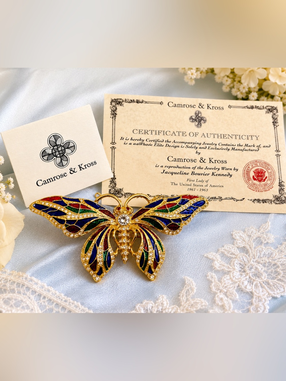 Camrose & Kross JBK Jackie Kennedy Butterfly Brooch Pin Pendant COA 3.5” Vintage